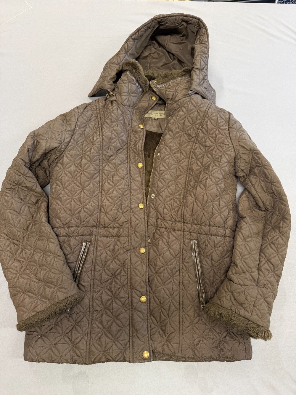Marc New York Andrew Marc Women’s Brown Quilted Hooded Jacket Fur Trim Size M